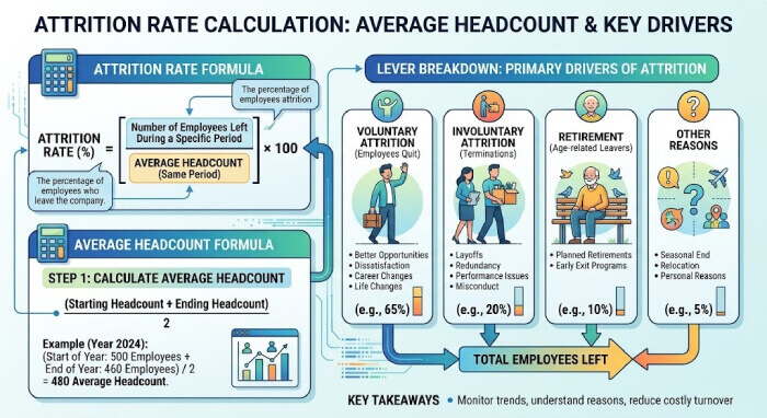 Attrition rate calculation diagram showing average headcount formula and leaver breakdown