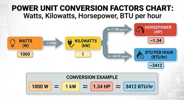 Power unit conversion factors: Watts, Kilowatts, Horsepower, and BTU per hour chart